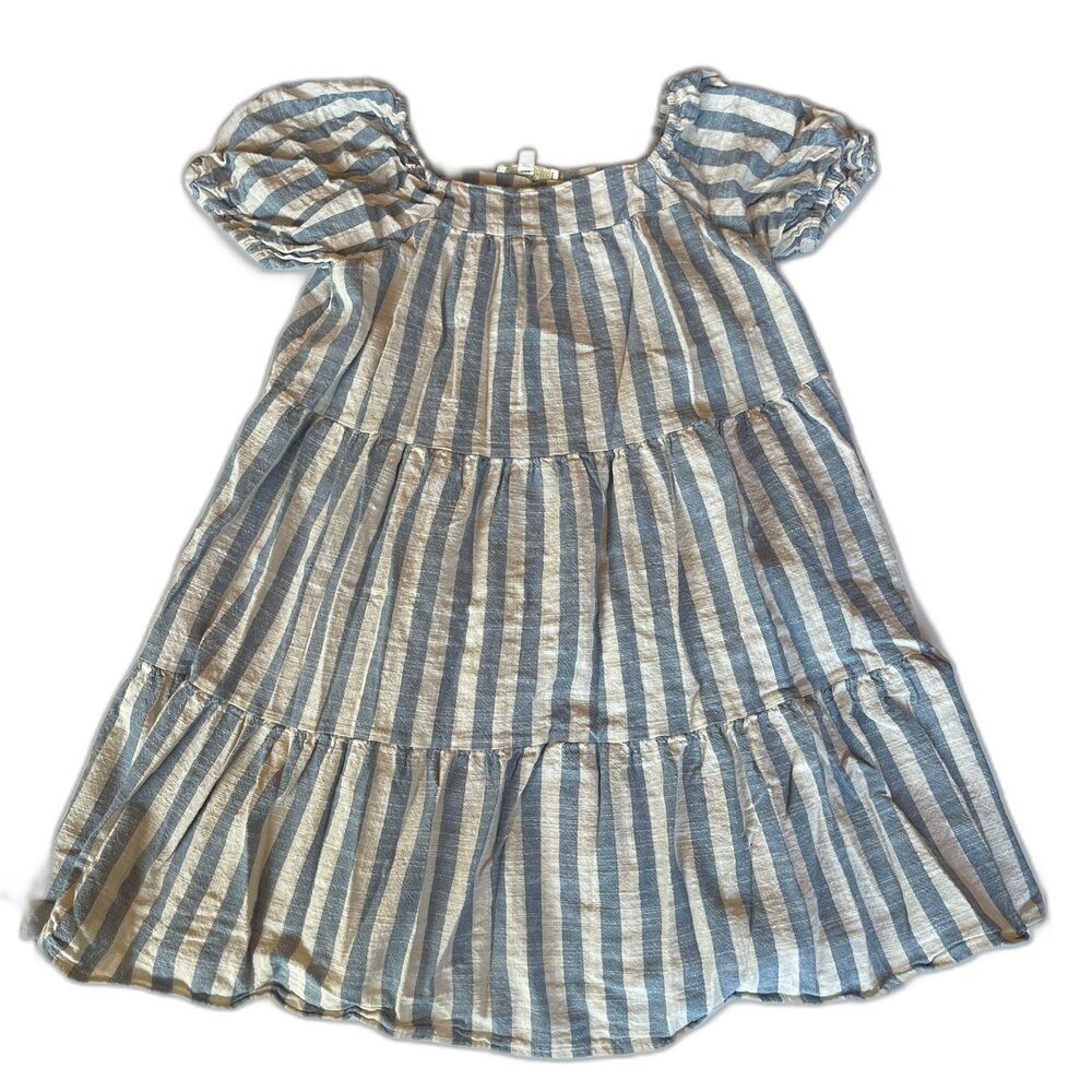 Chelsea & Violet Cotten-Linen Blue/white Stripe Tiered Lined Dress Size Girls L